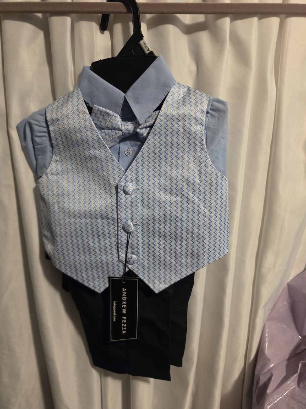 Andrew Fezza Boys Light Blue Patterned Paints, Vest & Bow Tie Set Sz.3/6M